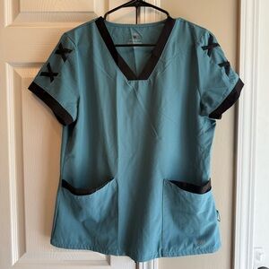 Teal and Black Women's scrub top